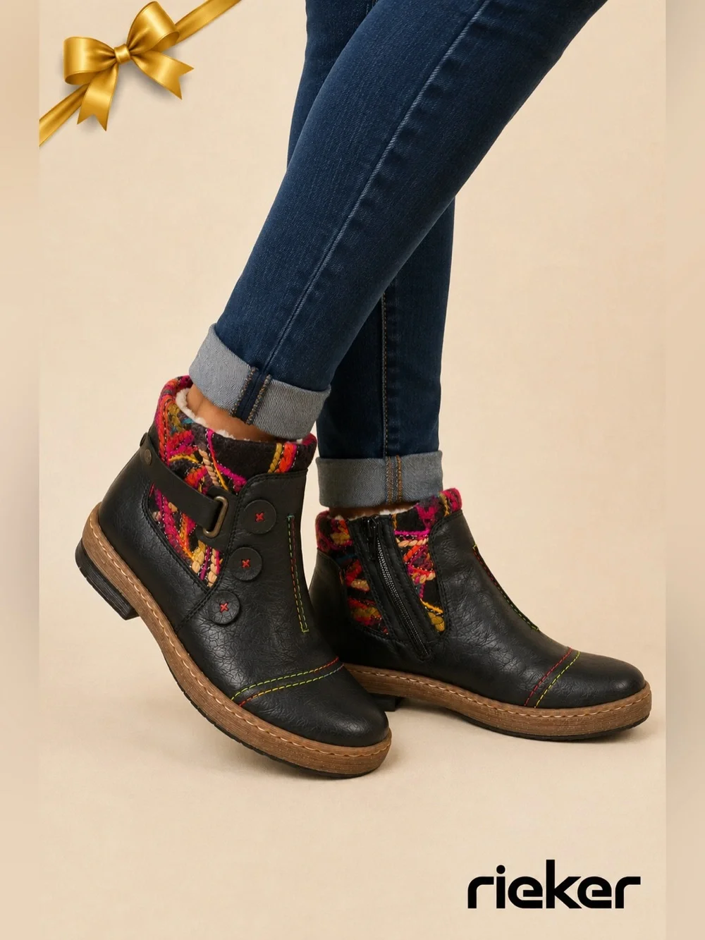 Rieker Black Leather Ankle Boots Faux Fur Lined Colorful Stitching US 11 NWT